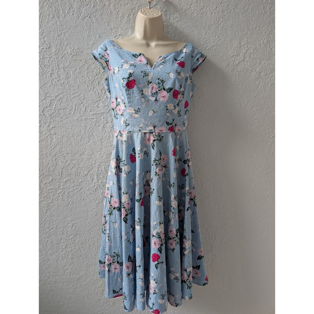 Hell Bunny Vixen Floral Swing Dress Women S Cotton Blue Rose Rockabilly Pin Up
